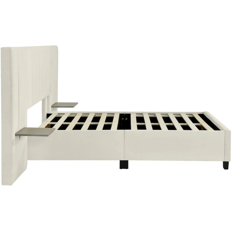 Full Size Upholstered Platform Bed with Big Headboard, Velvet, Beige
