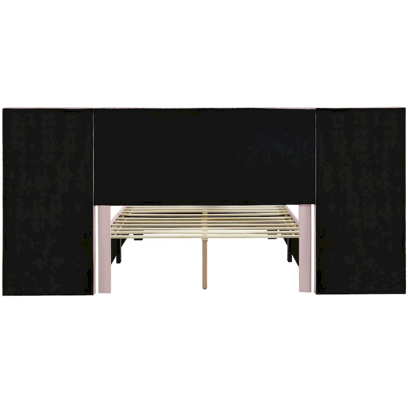 Full Size Upholstered Platform Bed with Big Headboard, Velvet, Beige