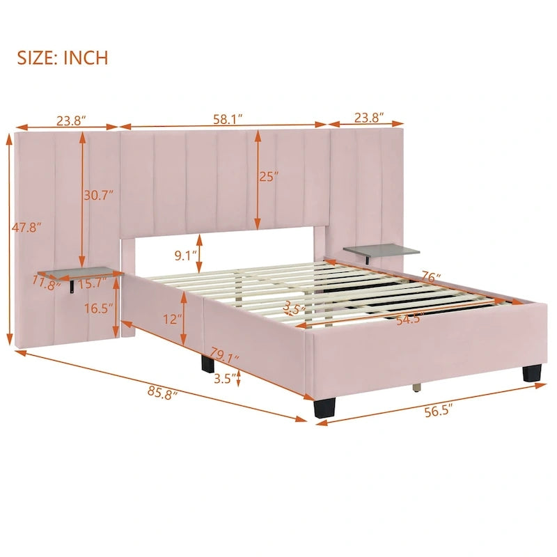 Full Size Upholstered Platform Bed with Big Headboard, Velvet, Beige