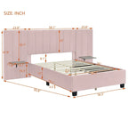 Full Size Upholstered Platform Bed with Big Headboard, Velvet, Beige