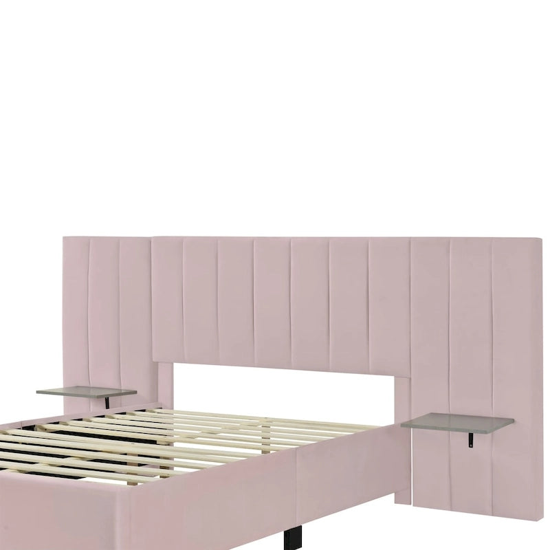 Full Size Upholstered Platform Bed with Big Headboard, Velvet, Beige