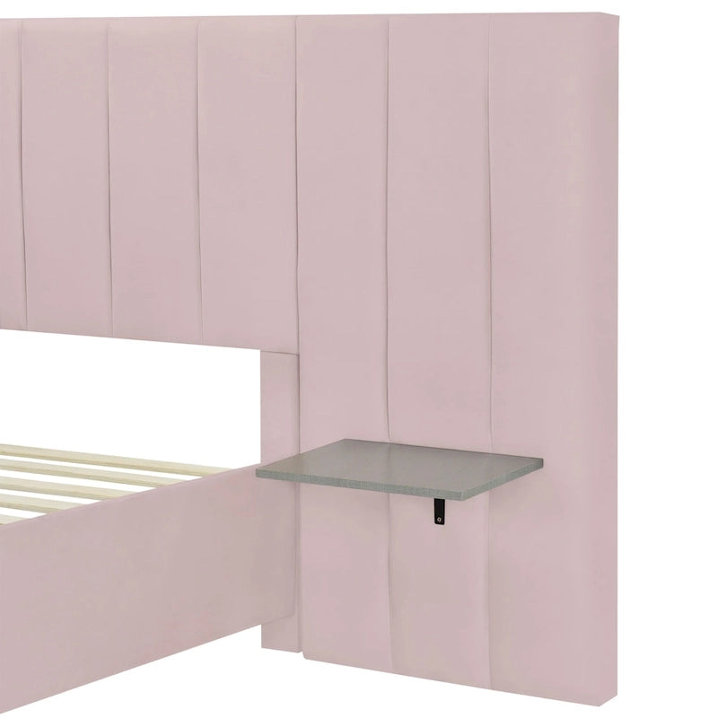 Full Size Upholstered Platform Bed with Big Headboard, Velvet, Beige