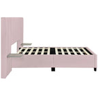 Full Size Upholstered Platform Bed with Big Headboard, Velvet, Beige