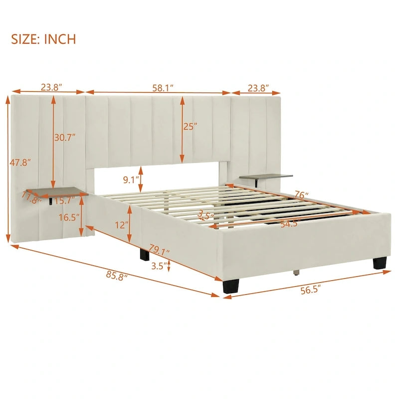 Full Size Upholstered Platform Bed with Big Headboard, Velvet, Beige