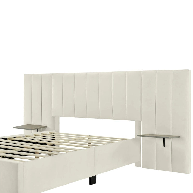 Full Size Upholstered Platform Bed with Big Headboard, Velvet, Beige