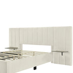 Full Size Upholstered Platform Bed with Big Headboard, Velvet, Beige