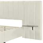 Full Size Upholstered Platform Bed with Big Headboard, Velvet, Beige