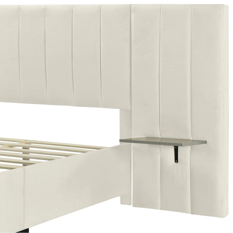 Full Size Upholstered Platform Bed with Big Headboard, Velvet, Beige