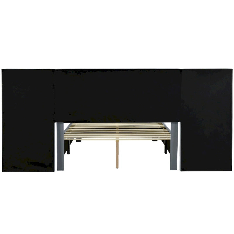 Full Size Upholstered Platform Bed with Big Headboard, Velvet, Beige