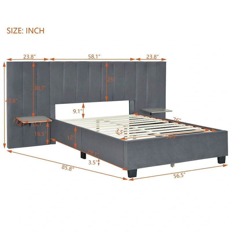 Full Size Upholstered Platform Bed with Big Headboard, Velvet, Beige