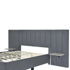 Full Size Upholstered Platform Bed with Big Headboard, Velvet, Beige