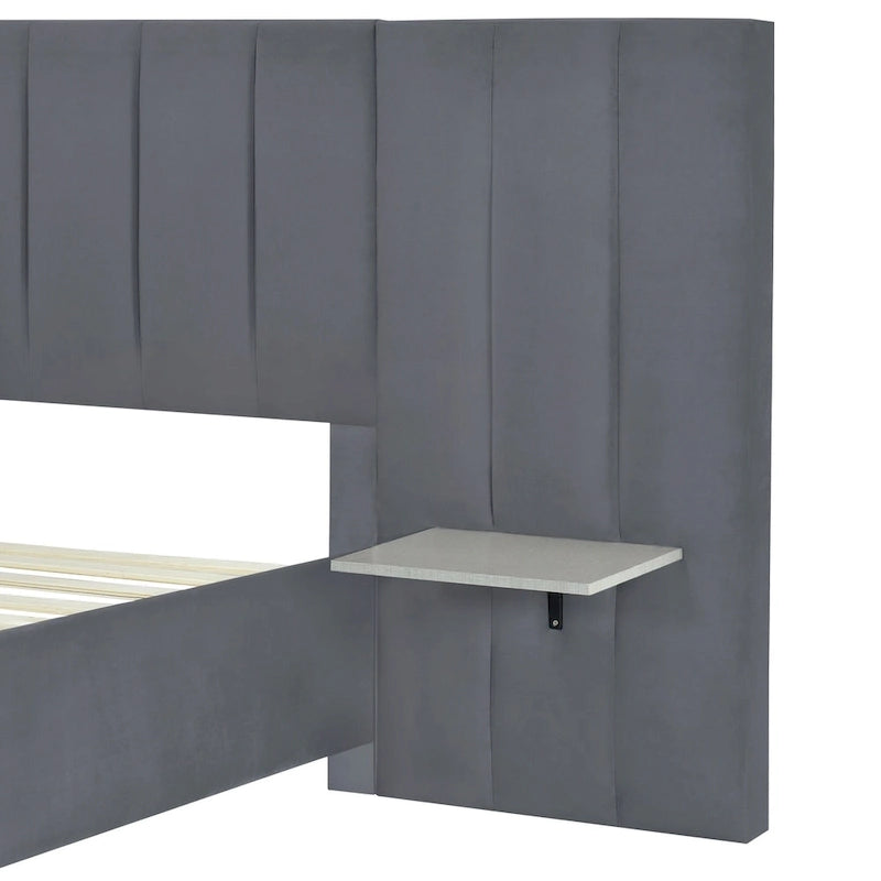 Full Size Upholstered Platform Bed with Big Headboard, Velvet, Beige