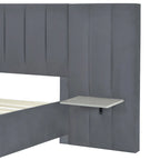 Full Size Upholstered Platform Bed with Big Headboard, Velvet, Beige
