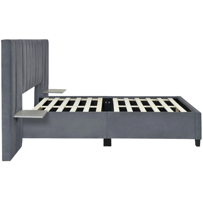 Full Size Upholstered Platform Bed with Big Headboard, Velvet, Beige