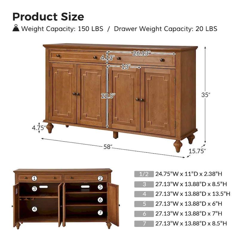 Ruby 58-inch Traditional Wide 2-Drawer Sideboard with Adjustable Shelves