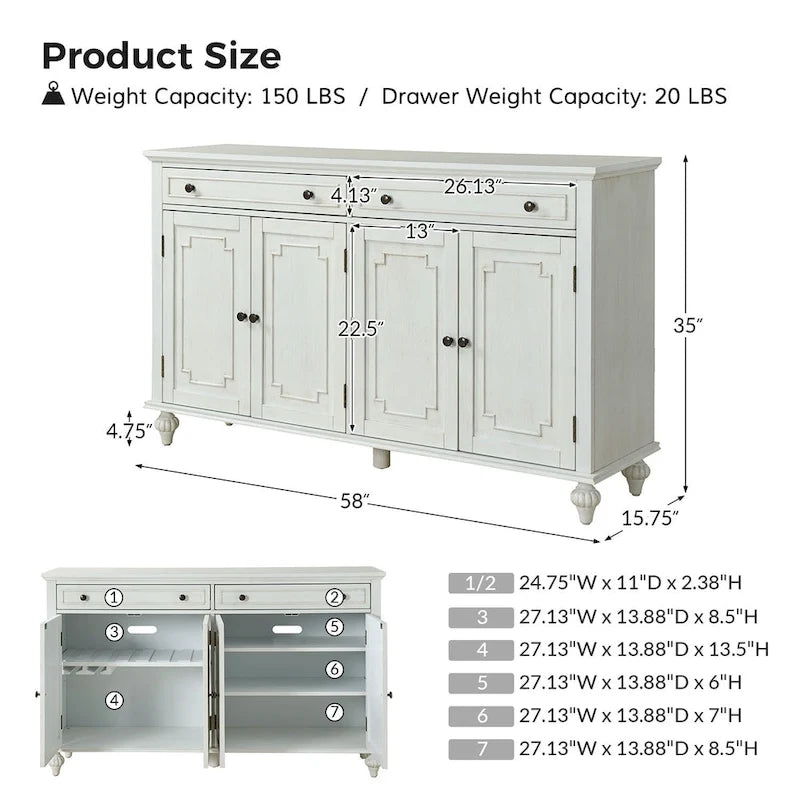 Ruby 58-inch Traditional Wide 2-Drawer Sideboard with Adjustable Shelves