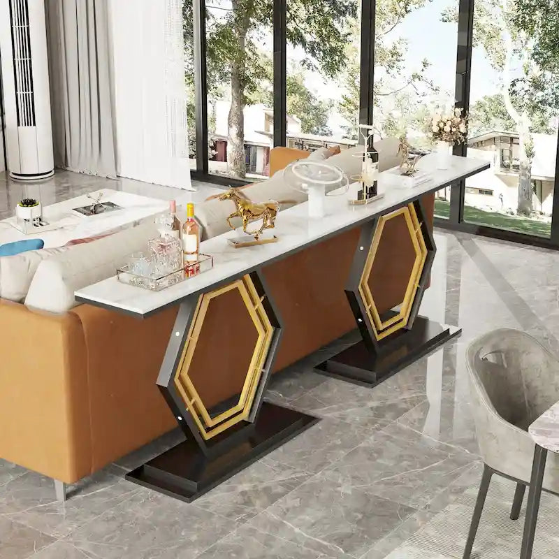 Sintered Stone Console Table with Geometric Base Sofa Table - 47.2x11.8x30.7 inch