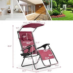 Portable Reclining Lounge Chair with Sunshade, Cup Holder, and Folding Design - Dark Red