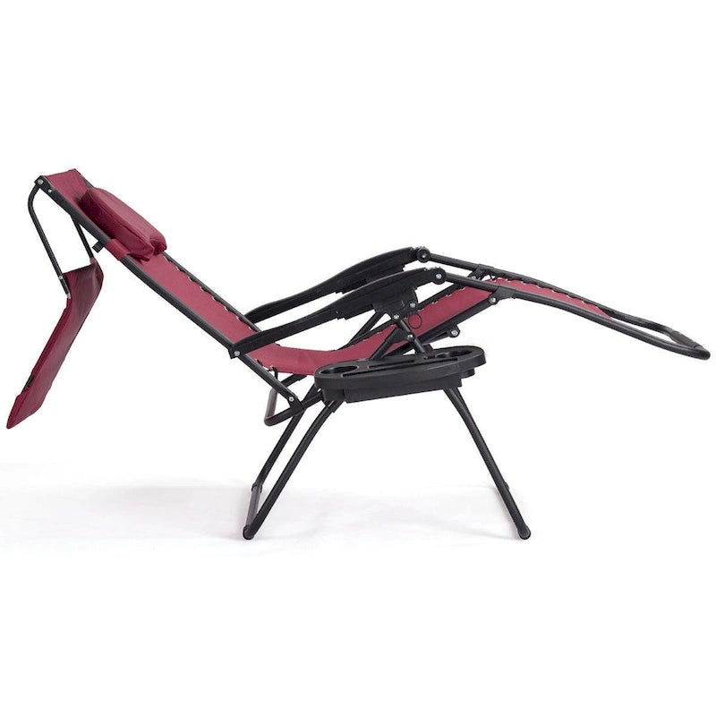Portable Reclining Lounge Chair with Sunshade, Cup Holder, and Folding Design - Dark Red