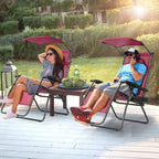 Portable Reclining Lounge Chair with Sunshade, Cup Holder, and Folding Design - Dark Red