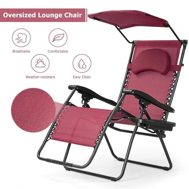 Portable Reclining Lounge Chair with Sunshade, Cup Holder, and Folding Design - Dark Red