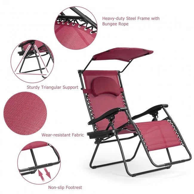 Portable Reclining Lounge Chair with Sunshade, Cup Holder, and Folding Design - Dark Red