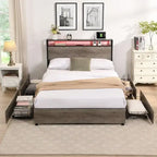 Bed Frame with Storage Headboard Charging Station, Solid and Stable,