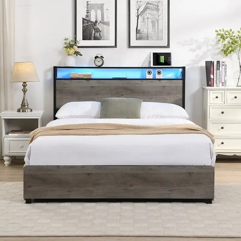 Bed Frame with Storage Headboard Charging Station, Solid and Stable,