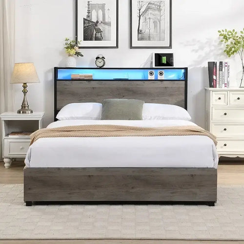 Bed Frame with Storage Headboard Charging Station, Solid and Stable,