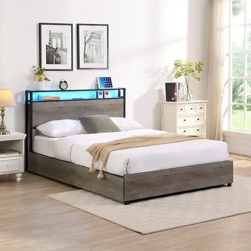 Bed Frame with Storage Headboard Charging Station, Solid and Stable,