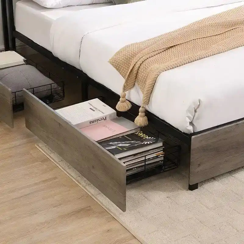 Bed Frame with Storage Headboard Charging Station, Solid and Stable,