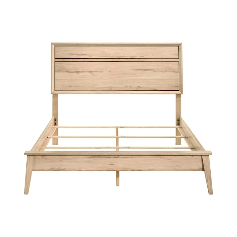 Kali Queen Bed, Panel Design, Melamine Laminate Natural Oak Brown Wood