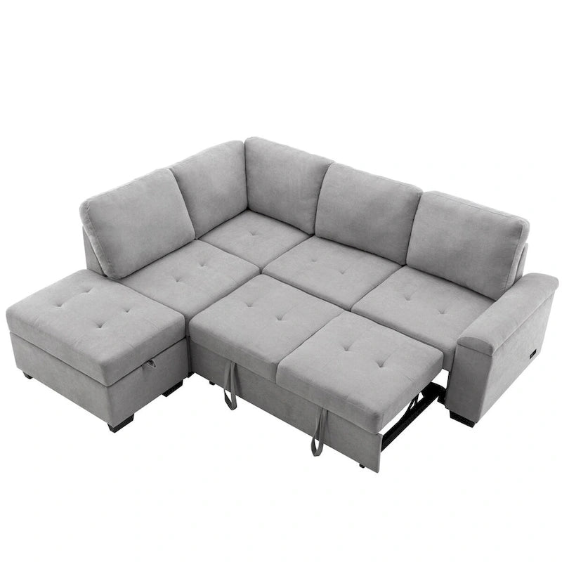 87.4 in. L-Shape Velvet Sleeper Sectional Sofa in. 5-Seat Sofa Bed with 2-USB, Storage Ottoman and Hidden Storage Arm