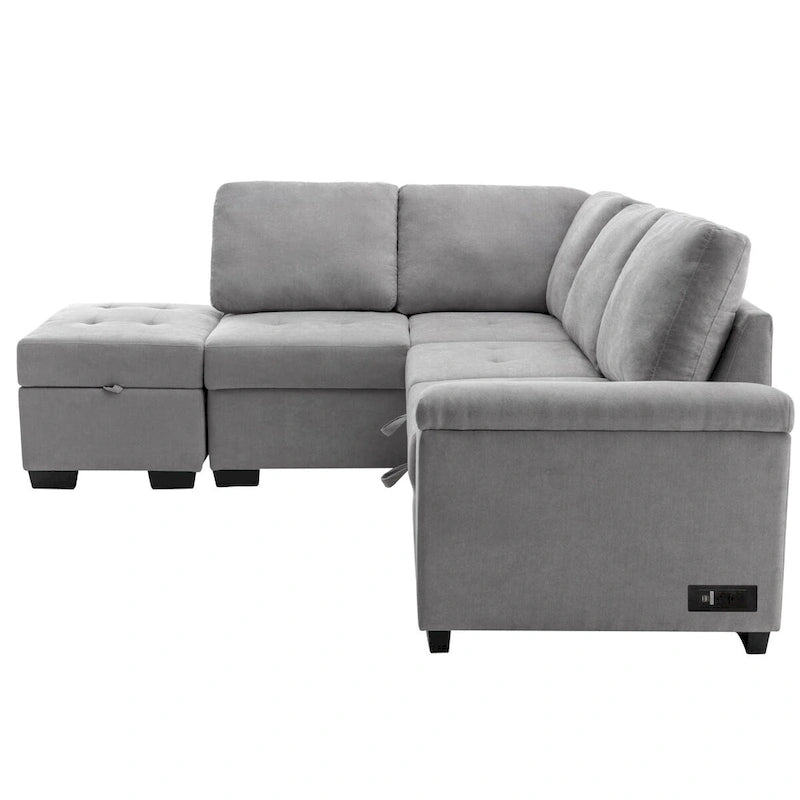 87.4 in. L-Shape Velvet Sleeper Sectional Sofa in. 5-Seat Sofa Bed with 2-USB, Storage Ottoman and Hidden Storage Arm