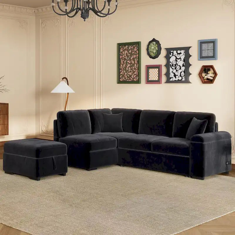 87.4 in. L-Shape Velvet Sleeper Sectional Sofa in. 5-Seat Sofa Bed with 2-USB, Storage Ottoman and Hidden Storage Arm