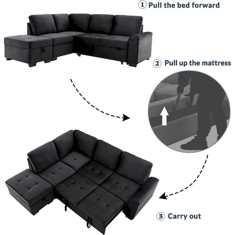 87.4 in. L-Shape Velvet Sleeper Sectional Sofa in. 5-Seat Sofa Bed with 2-USB, Storage Ottoman and Hidden Storage Arm