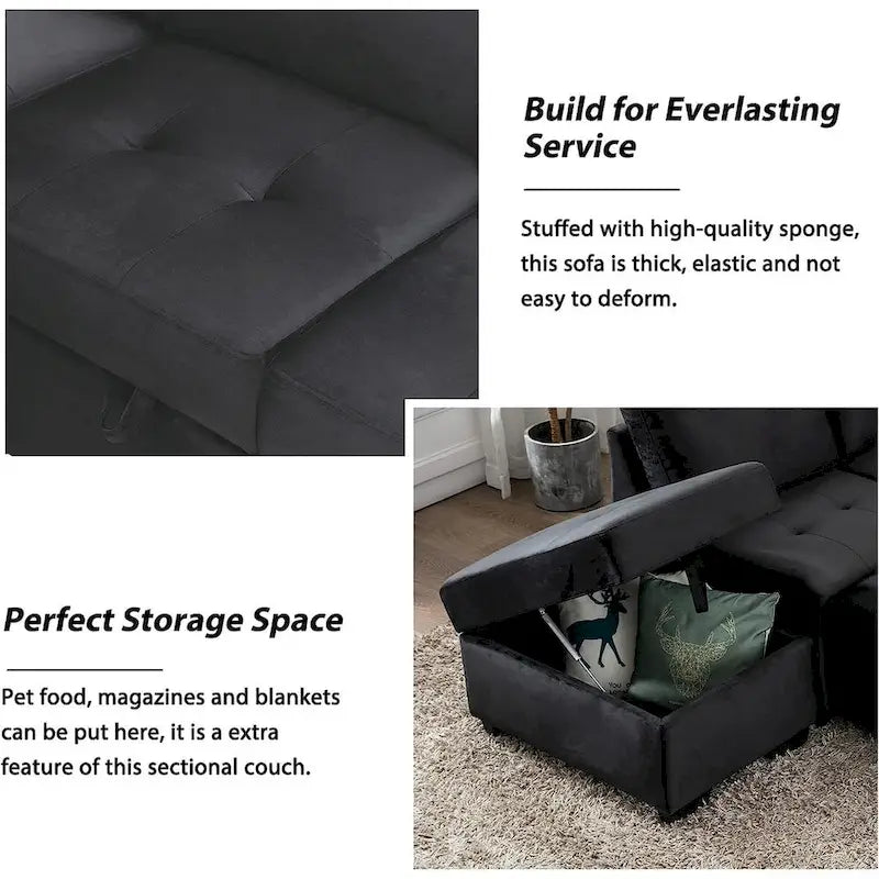 87.4 in. L-Shape Velvet Sleeper Sectional Sofa in. 5-Seat Sofa Bed with 2-USB, Storage Ottoman and Hidden Storage Arm