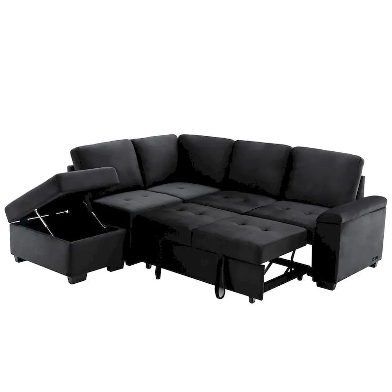 87.4 in. L-Shape Velvet Sleeper Sectional Sofa in. 5-Seat Sofa Bed with 2-USB, Storage Ottoman and Hidden Storage Arm