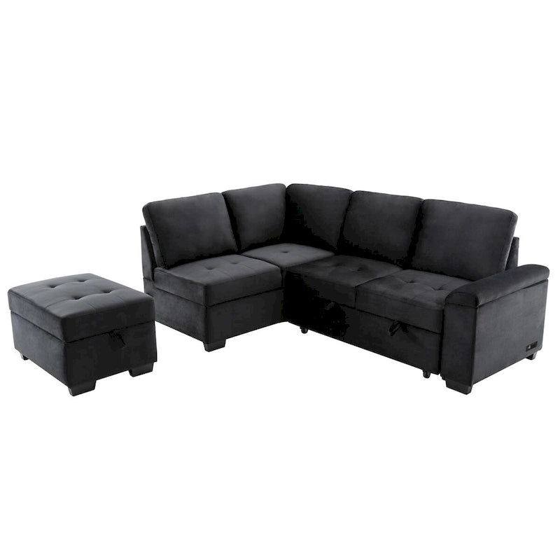 87.4 in. L-Shape Velvet Sleeper Sectional Sofa in. 5-Seat Sofa Bed with 2-USB, Storage Ottoman and Hidden Storage Arm