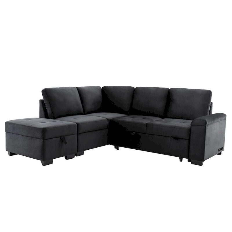 87.4 in. L-Shape Velvet Sleeper Sectional Sofa in. 5-Seat Sofa Bed with 2-USB, Storage Ottoman and Hidden Storage Arm