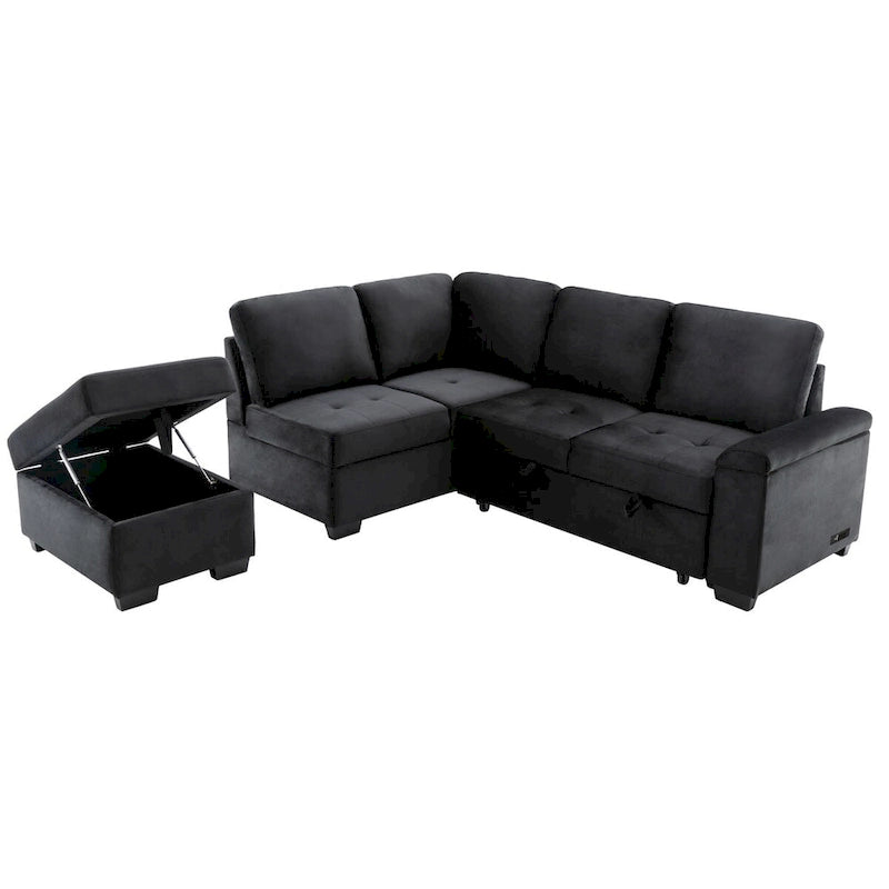87.4 in. L-Shape Velvet Sleeper Sectional Sofa in. 5-Seat Sofa Bed with 2-USB, Storage Ottoman and Hidden Storage Arm