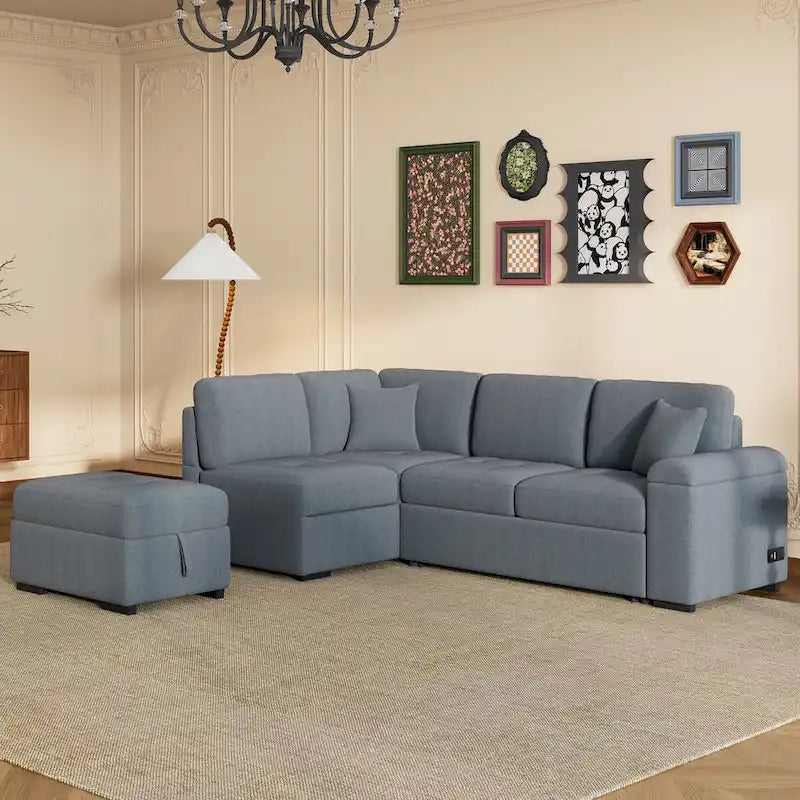 87.4 in. L-Shape Velvet Sleeper Sectional Sofa in. 5-Seat Sofa Bed with 2-USB, Storage Ottoman and Hidden Storage Arm