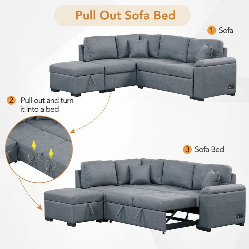 87.4 in. L-Shape Velvet Sleeper Sectional Sofa in. 5-Seat Sofa Bed with 2-USB, Storage Ottoman and Hidden Storage Arm