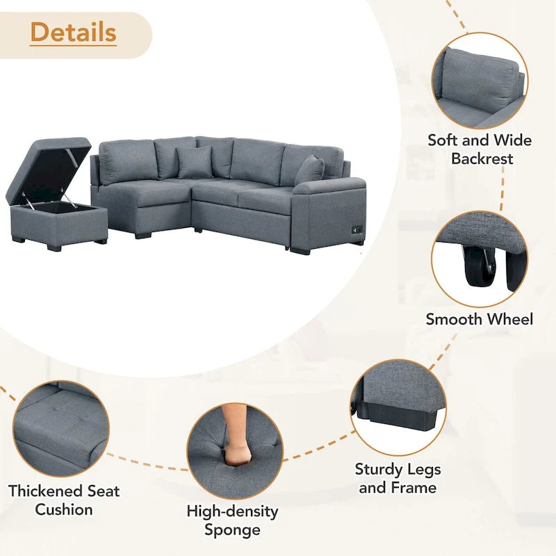 87.4 in. L-Shape Velvet Sleeper Sectional Sofa in. 5-Seat Sofa Bed with 2-USB, Storage Ottoman and Hidden Storage Arm