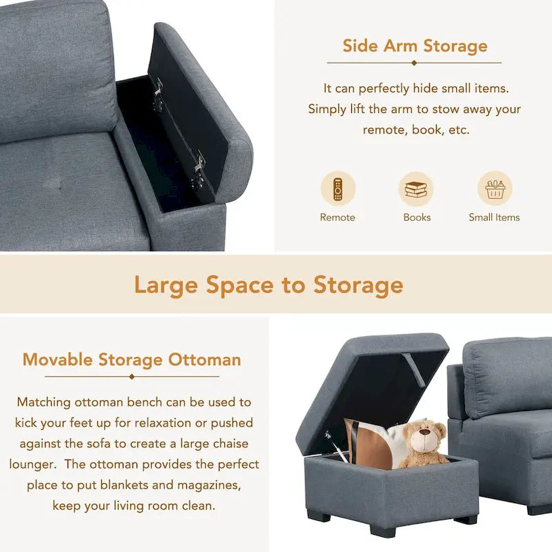 87.4 in. L-Shape Velvet Sleeper Sectional Sofa in. 5-Seat Sofa Bed with 2-USB, Storage Ottoman and Hidden Storage Arm