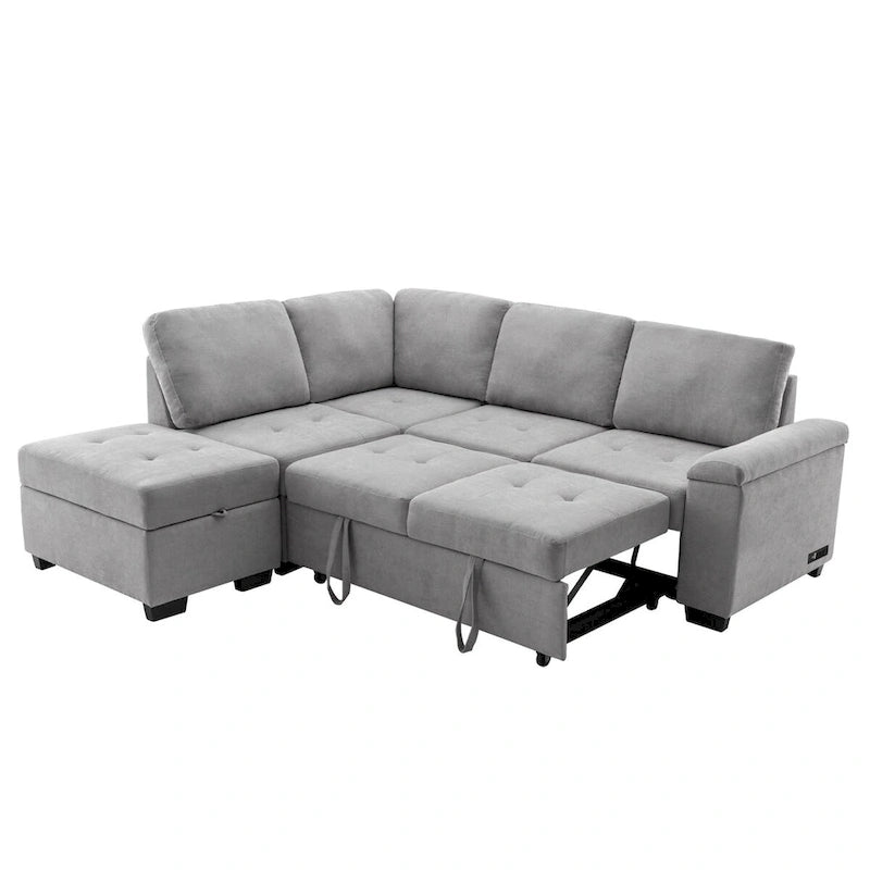 87.4 in. L-Shape Velvet Sleeper Sectional Sofa in. 5-Seat Sofa Bed with 2-USB, Storage Ottoman and Hidden Storage Arm