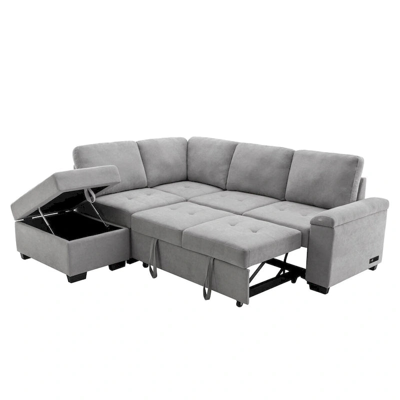 87.4 in. L-Shape Velvet Sleeper Sectional Sofa in. 5-Seat Sofa Bed with 2-USB, Storage Ottoman and Hidden Storage Arm