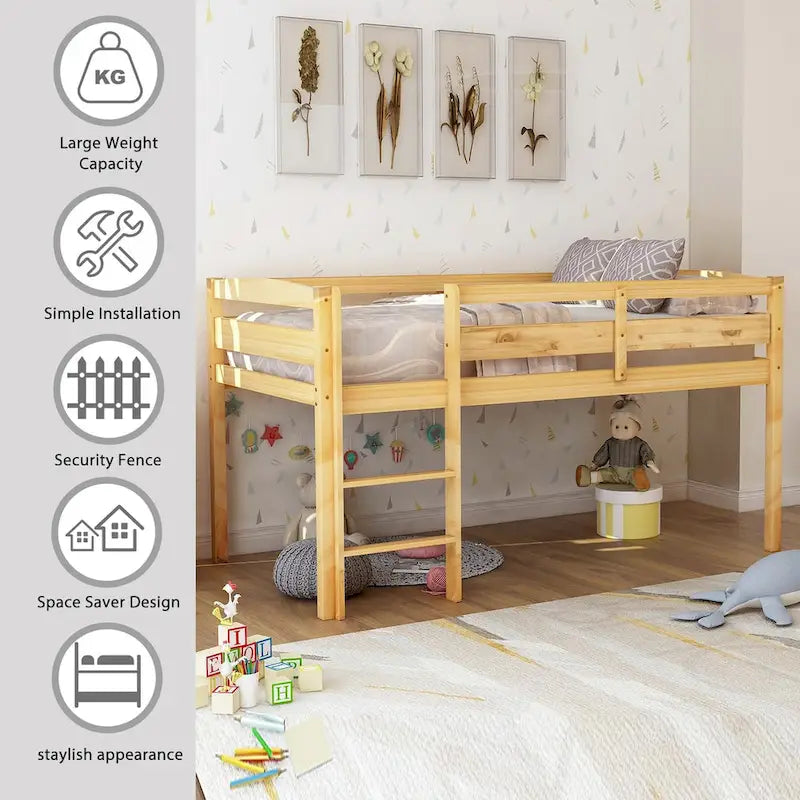 Twin Wood Loft Bed Low Loft Beds with Ladder