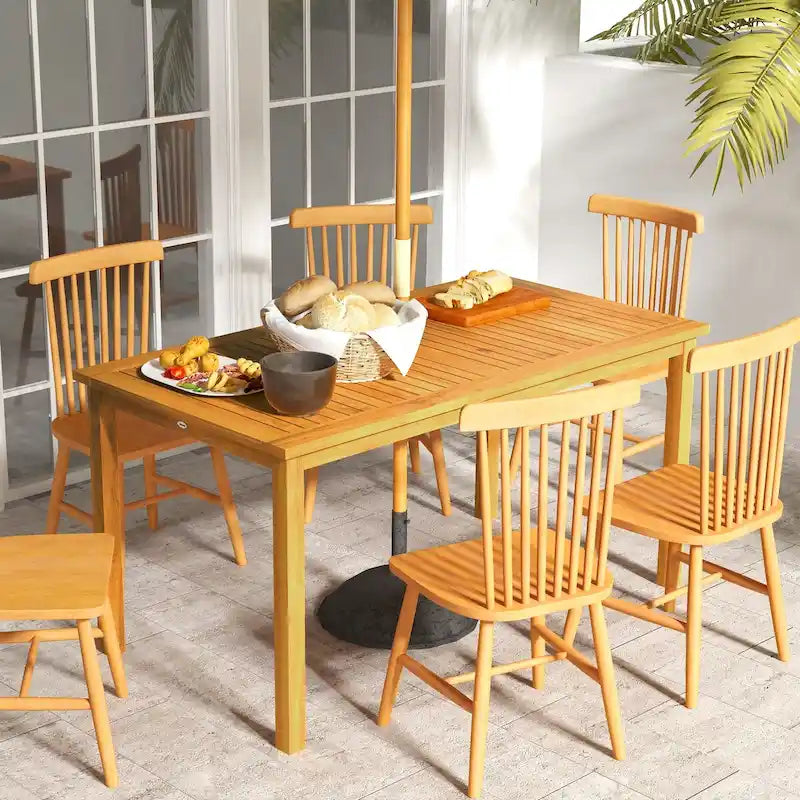 Rectangle Outdoor Dining Table for 6 with Umbrella Hole, Acacia Wood