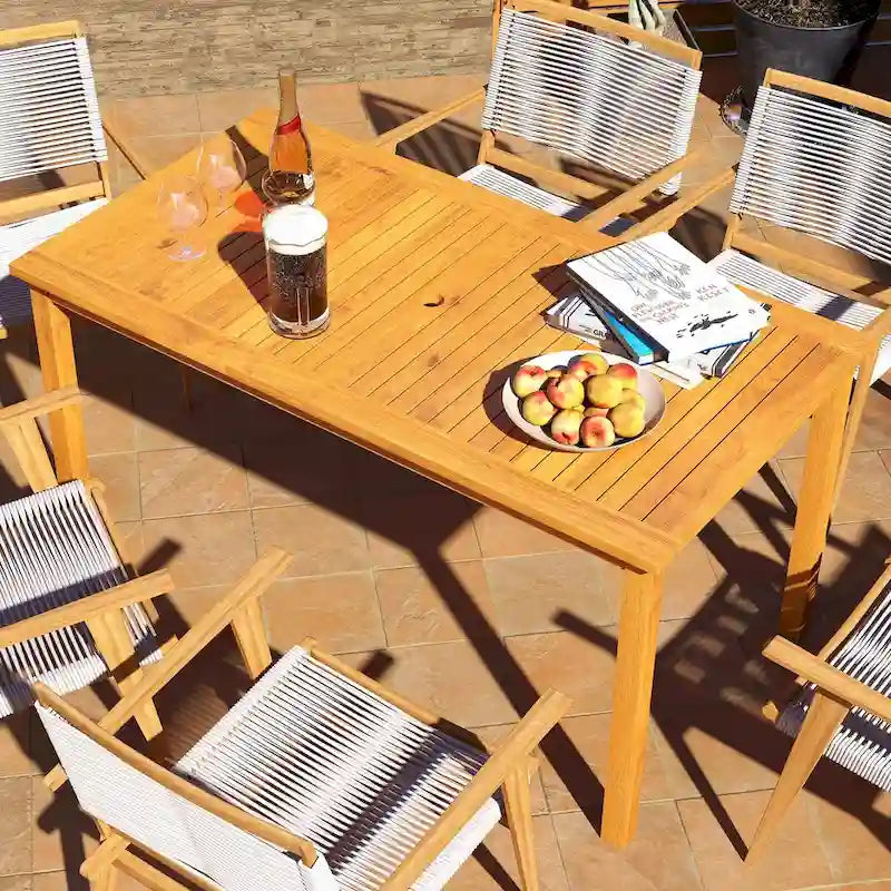 Rectangle Outdoor Dining Table for 6 with Umbrella Hole, Acacia Wood